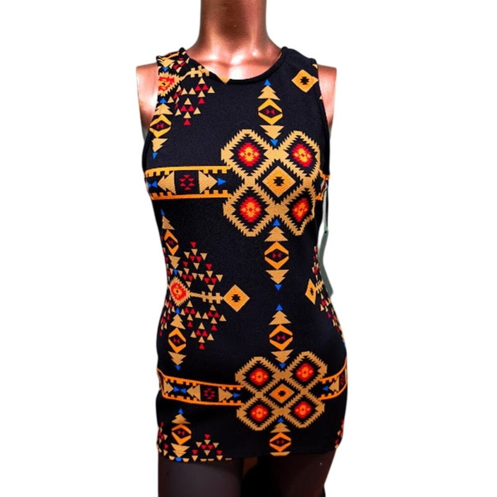 Iris Los Angeles Black Multi Sleeveless Top w/Vivid Aztec Print, Size M NWT